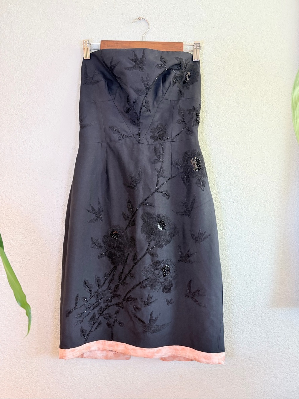 Tracy Reese Silk Black Embroidered Floral Bird Sequined Strapless Fairy Dress 8